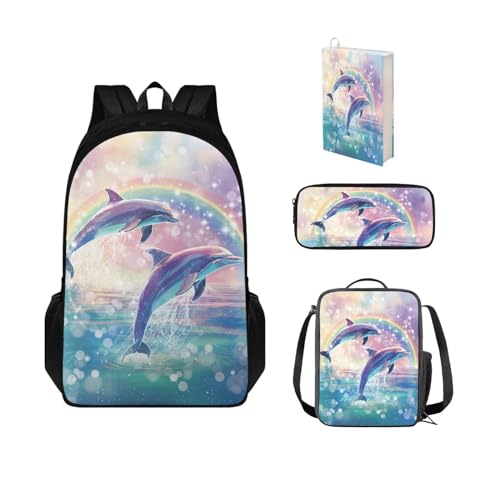 Chririnla Kinder-Schultaschen-Set, schöner Delfin, großer Rucksack mit Lunchtasche, Schlüsselband, Schlüsselanhänger für Mädchen und Jungen, 4 Stück von Chririnla