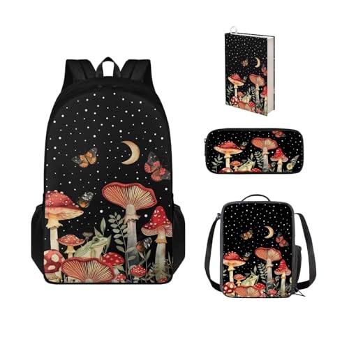 Chririnla Schultaschen-Set mit Schmetterlingspilzen, mit Lunch-Tasche, Buchhülle, Lunchtasche, Pilz-Rucksack für Mädchen und Frauen von Chririnla