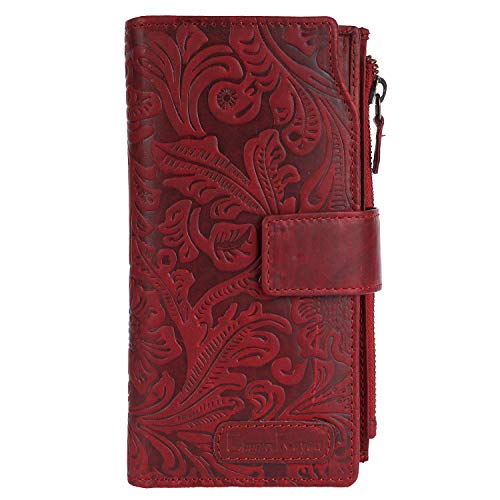Chunkyrayan Damen Portemonnaie Echtleder XXL RFID Schutz inklusive Leder Schlüsselanhänger P GB-25-Red Flower von Chunkyrayan