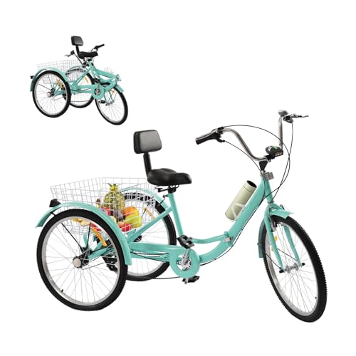 Chynalys 24 Zoll Klappbares Dreirad für Erwachsene Dreirad mit Wassertassenhalterung und Scheinwerfer, Modern Fahrrad mit Korb V-Bremse vorne, 7-Gang Kohlenstoffstahl Dreirad mit LED, Türkis von Chynalys