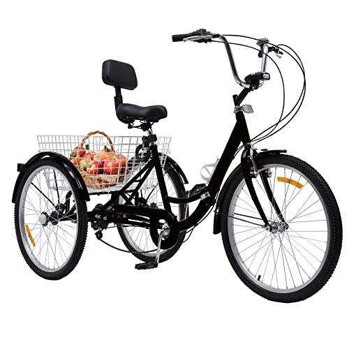 Chynalys 24" klappbares 3-Rad-Fahrrad aus Hartstahl mit Korb, mit Getränkehalter und Scheinwerfer, 7-Gang-Fahrrad mit verstellbarem Sitz für Erwachsene zum Einkaufen im Freien, höhenverstellbar von Chynalys