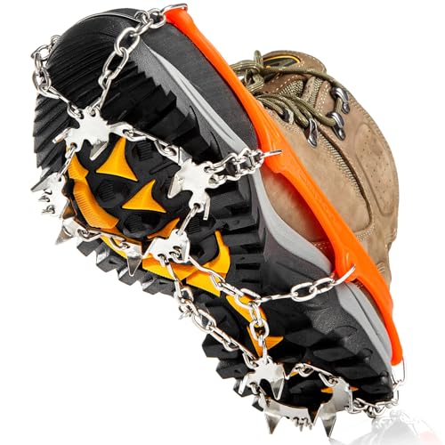 Crampons Ice Cleats Traction Snow Grips for Boots Shoes Women Men Kids Anti Slip 19 Stainless Steel Spikes Safe Protect for Hiking Fishing Walking Climbing Mountaineering (Orange, X-Large) von Cimkiz