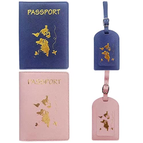 Cimown 4 Reisepasshüllen & Gepäckanhänger – Reisepasshülle Kofferanhänger – PU Passport Wallet – 2 Gepäckanhänger + 2 Reisepasshüllen (Dunkelblau, Rosa) von Cimown