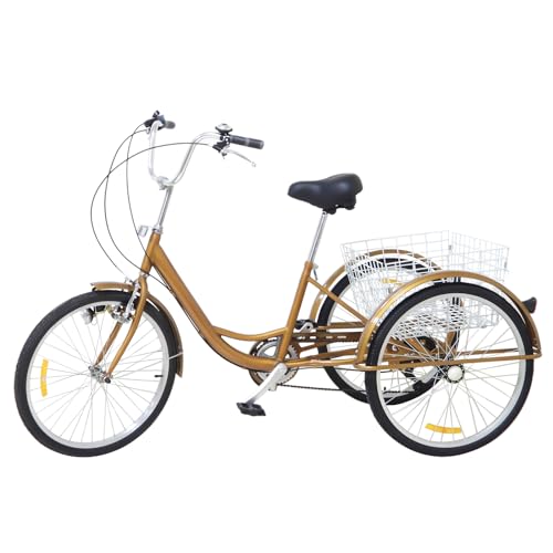 24 Zoll Dreirad, Erwachsene Bikes mit sechs einstellbare Gänge, Reflektor Lampe, Körben, Kotflügel, Trike Bike, Tragkraft 120 Kg, 3-Rad-Fahrräder, Fahrrad Einkaufen Tricycle, Freizeitfahrrad (Gold) von Ciounmb