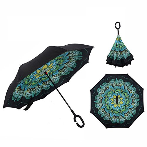 Cisixin Automatik Reverse Regenschirm Schirm mit C-förmigem Griff Doppelschicht und Winddicht kreativ Regenschirm(Pfau) von Cisixin
