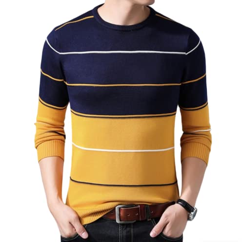 Ckieosh Pullover Für Herren - Fashion Casual Langarm Männer Pullover O-Ausschnitt Gestreift Stricktop Herbst Winter Bequemer Pullover Plus Größe, Gelb, L von Ckieosh