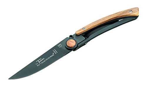 Claude Dozorme Le Thiers Messer, Lame Noir Serie, Frame-Lock, X50CrMoV15 Stahl, PTFE Beschichtung, Olivenholz, Gürtelclip Taschenmesser, Mehrfarbig, One Size von Claude Dozorme