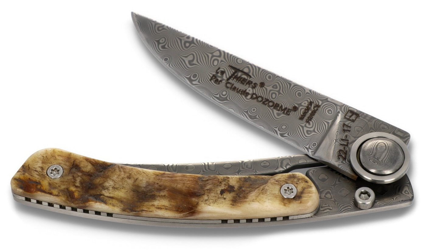 Claude Dozorme Taschenmesser 5.90.142.37D blonde, Le Thiers - Griff 10,5 cm Widderhorn - Balbach Inox Damast - LinerLock von Claude Dozorme