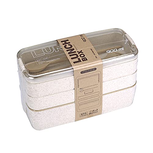 Clenp Bento Box, Bento Case Portable 3 Fachkunststoff BPA Kostenloser Bento-Lunch-Löffel-Essstäbchen-Box für Küche Beige 7,28 "x 4,49" x 3,23" von Clenp