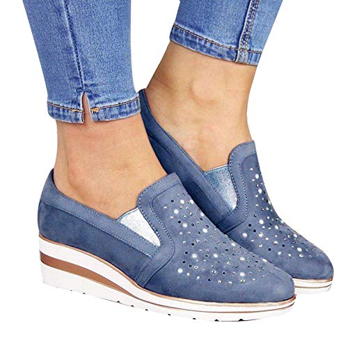 Clenp Damenschuhe, Damen Lässig rutschfeste Runde Zehen Low Top Slip-On Wedge Strass Loafers Schuhe Blue 39 von Clenp
