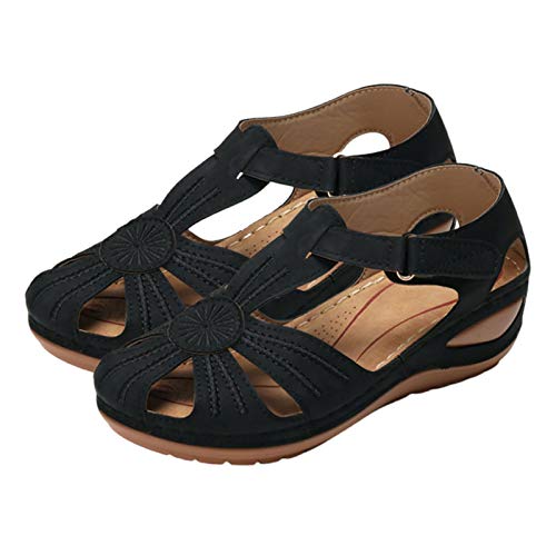 Damenschuhe, Damen Sommer Retro Atmungsaktive rutschfeste Weiche Sohle Wedge Round Toe Sandalen Schuhe Black 40 von Clenp