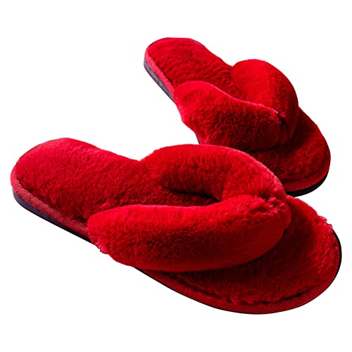Clenp Frauen Schuhe, 1 Paar Frauen Hausschuhe verdicken Pelz-Plüsch Praktische Winter-Flip-Flops für Zuhause rot 40 von Clenp