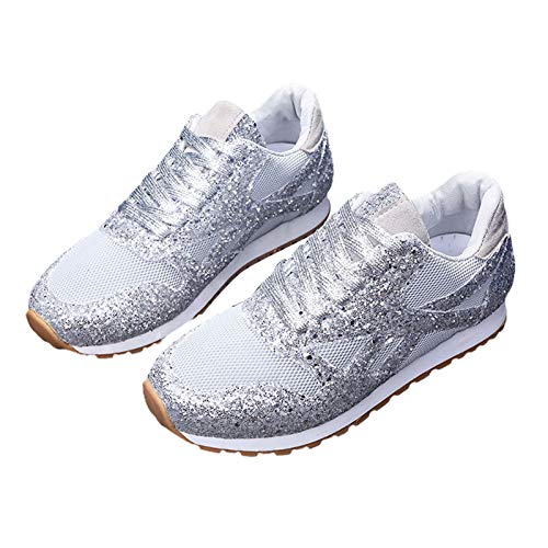 Clenp Frauen Sneakers, Frauen Casual Atmungsaktive Pailletten Strass Shiny Platform Sneakers Wanderschuhe Grau 38 von Clenp