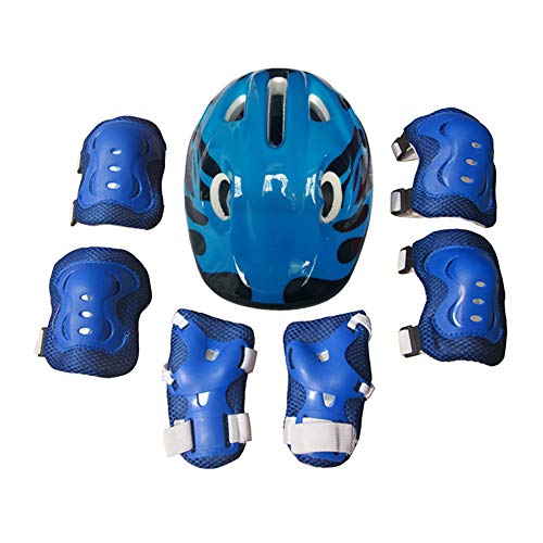 Clenp Skateboard Helm, 7Pcs Kinder Skateboard Fahrradhelm Knie Ellbogen Handgelenk Schutz Pad Blau Einheitsgröße von Clenp