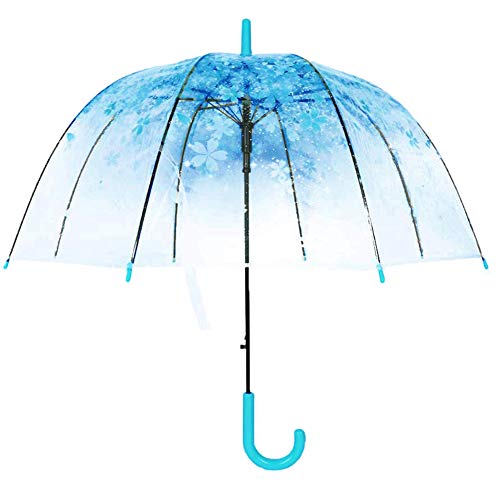 Clenp Winddichter Regenschirm, Mode Transparente Kirschblüten Kuppelform Vogelkäfig Winddichter Stock Regenschirm Blau von Clenp
