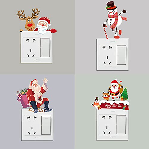 Cockjun Wandschalter Aufkleber, 4 Stück Frohe Weihnachten abnehmbare Schalter Aufkleber, DIY lustige Weihnachtsmann und Schneemann Wand Aufkleber für Lichtschalter Fenster Weihnachtsdeko (A) von Cockjun