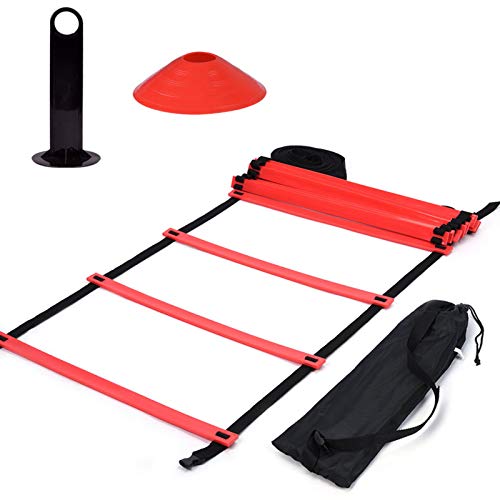 Fussball Trainingszubehör Koordinationsleiter Trainingsleiter, Fußgeschwindigkeitsleiter Fußball Speed ​​Trainingsleiter 19Ft Flachleiter + 10 Stück Scheibenkegel für sportliches Training(rot) von Cocoarm