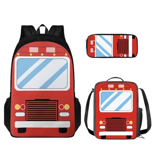 Coloranimal 3 Stück Rucksack Set Kinder Schulranzen + Lebensmittelbehälter Tasche + Stifthalter, Cartoon-Feuerwehrauto, Schulranzen-Set von Coloranimal