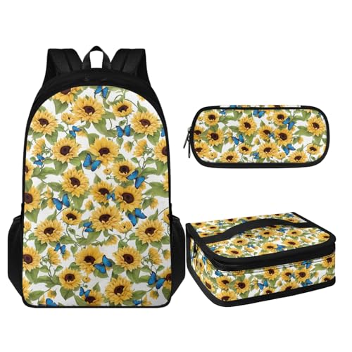 Coloranimal 3-teiliges Kinder-Rucksack-Set, Schulrucksack/Lunch-Tasche/Federmäppchen, Sonnenblumen-Schmetterlings-Design, Schulranzen-Set von Coloranimal