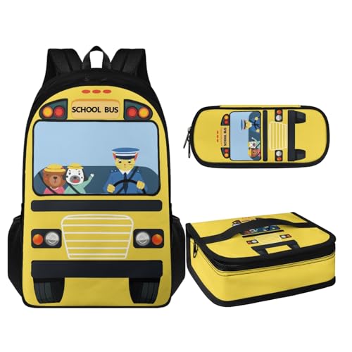 Coloranimal 3-teiliges Kinder-Rucksack-Set, Schultasche + Mini-Lunch-Lebensmittelbehälter, Tasche, Reißverschluss, Federmäppchen, Schulbus-Aufdruck, Schulranzen-Set von Coloranimal
