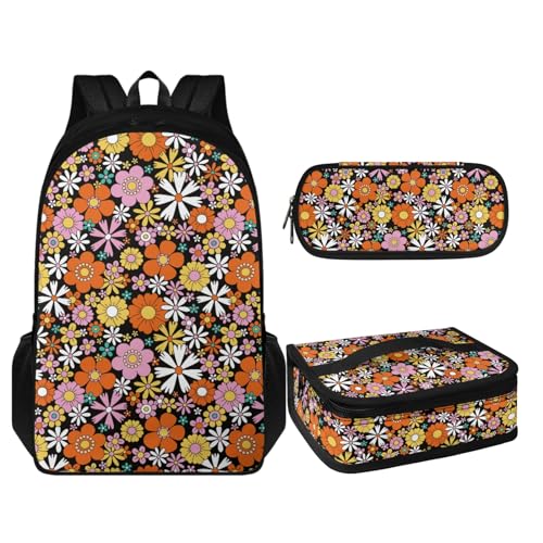 Coloranimal 3-teiliges Rucksack-Set, 1 Schultasche, 1 Lunchbox, 1 Federmäppchen, Hippie Flower Power, Schulranzen-Set von Coloranimal