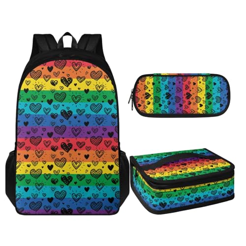 Coloranimal 3-teiliges Rucksack-Set, 1 Schultasche, 1 Lunchbox, 1 Federmäppchen, Regenbogenherz, Schulranzen-Set von Coloranimal