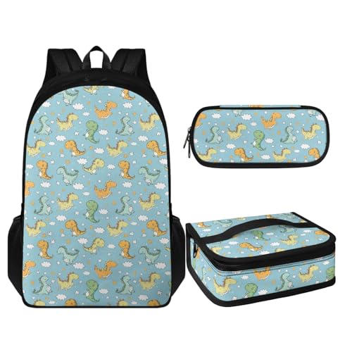 Coloranimal 3-teiliges Rucksack-Set, Schultasche mit isolierter Lunch-Tasche und Federmäppchen, Cartoon-Dinosaurier-Stil, Schulranzen-Set von Coloranimal