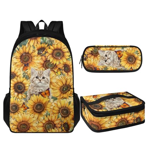 Coloranimal 3-teiliges Rucksack-Set, Schultasche mit isolierter Lunch-Tasche und Federmäppchen, Süße Katze mit Sonnenblume, Schulranzen-Set von Coloranimal