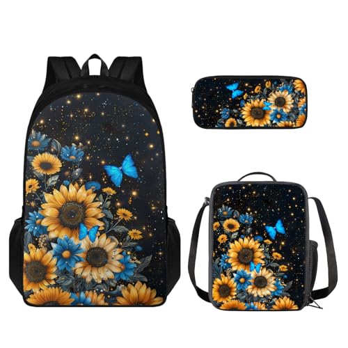 Coloranimal 3-teiliges Rucksack-Set Kinder Schulranzen + Lebensmittelbehälter Tasche + Stifthalter, Sonnenblumen-Schmetterling, Schulranzen-Set von Coloranimal