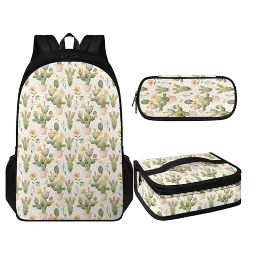 Coloranimal 3-teiliges Rucksack-Set Schultasche mit isolierter Lunch-Tasche + Federmäppchen, Kaktusmuster, Schulranzen-Set von Coloranimal