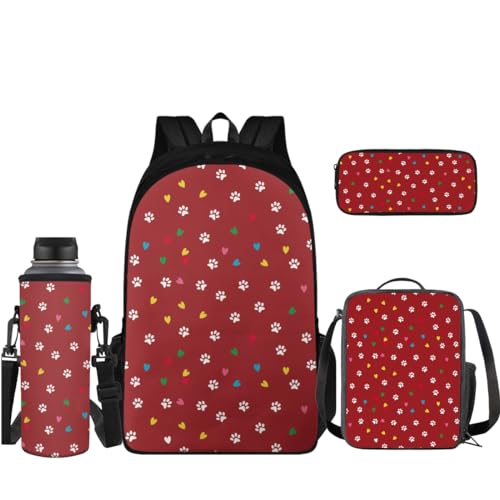 Coloranimal 4-teiliges Rucksack-Set, 43,2 cm, große Kapazität, Schultasche, Büchertasche mit Mini-Lunchbox, Stifthalter, Wasserflaschenhülle, Hundepfoten, Schulranzen-Set von Coloranimal