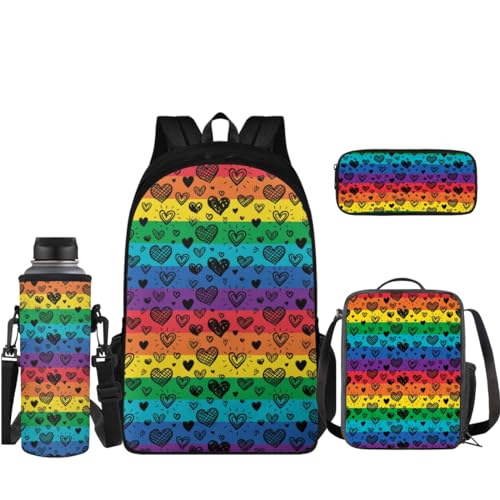 Coloranimal 4-teiliges Rucksack-Set, 43,2 cm, große Kapazität, Schultasche, Büchertasche mit Mini-Lunchbox, Stifthalter, Wasserflaschenhülle, Regenbogenherz, Schulranzen-Set von Coloranimal