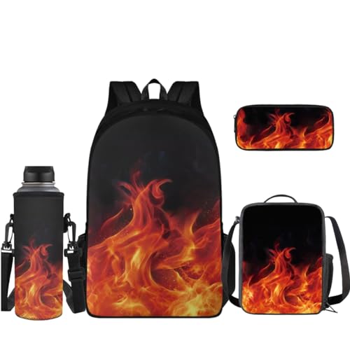 Coloranimal 4-teiliges Rucksack-Set, 43,2 cm, große Kapazität, Schultasche, Büchertasche mit Mini-Lunchbox, Stifthalter, Wasserflaschenhülle, flame, Schulranzen-Set von Coloranimal