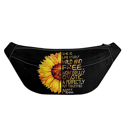 Coloranimal Gelbe Sonnenblumen-Hüfttasche für Damen, legere Reise, Schultertasche, Brusttasche mit Reißverschluss, Bauchtasche, Sonnenblumen-Wort und Text-Tasche von Coloranimal