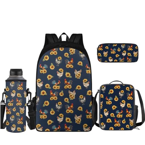 Coloranimal Rucksack-Set 43,2 cm Schultasche + kleine isolierte Lunchtasche + Federmäppchen + Wasserflaschenhülle, Huhn, Schulranzen-Set von Coloranimal