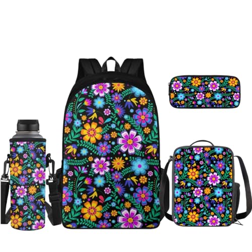 Coloranimal Rucksack-Set 43,2 cm Schultasche + kleine isolierte Lunchtasche + Federmäppchen + Wasserflaschenhülle, Pflanzen-Blume, Schulranzen-Set von Coloranimal