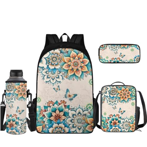 Coloranimal Rucksack-Set 43,2 cm Schultasche + kleine isolierte Lunchtasche + Federmäppchen + Wasserflaschenhülle, Retro Blume, Schulranzen-Set von Coloranimal