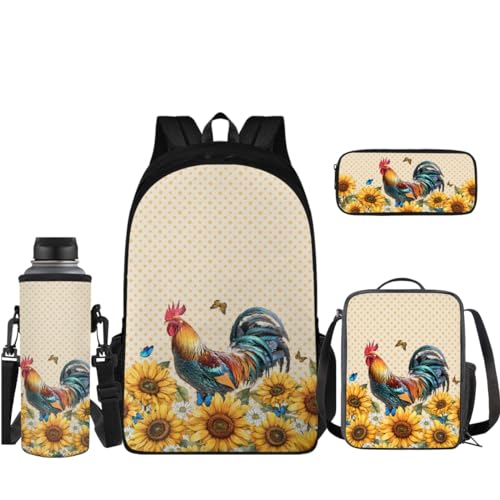 Coloranimal Rucksack-Set 43,2 cm Schultasche + kleine isolierte Lunchtasche + Federmäppchen + Wasserflaschenhülle, Sonnenblumen-Huhn, Schulranzen-Set von Coloranimal