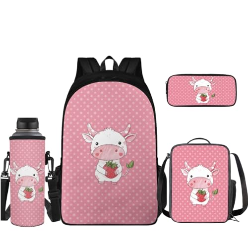 Coloranimal Rucksack Set Schultasche mit Mini Lunchbox Federmäppchen Wasserflasche Hülle 4 in 1 Rucksack Set, Erdbeer-Kuh, Schulranzen-Set von Coloranimal