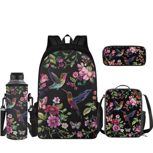 Coloranimal Rucksack Set Schultasche mit Mini Lunchbox Federmäppchen Wasserflasche Hülle 4 in 1 Rucksack Set, Kolibri Blume, Schulranzen-Set von Coloranimal