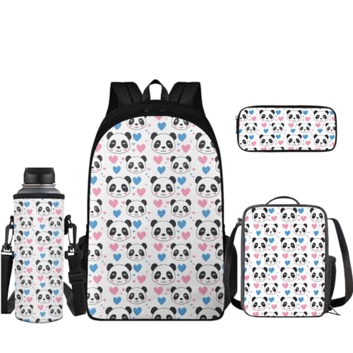 Coloranimal Rucksack Set Schultasche mit Mini Lunchbox Federmäppchen Wasserflasche Hülle 4 in 1 Rucksack Set, Panda, Schulranzen-Set von Coloranimal