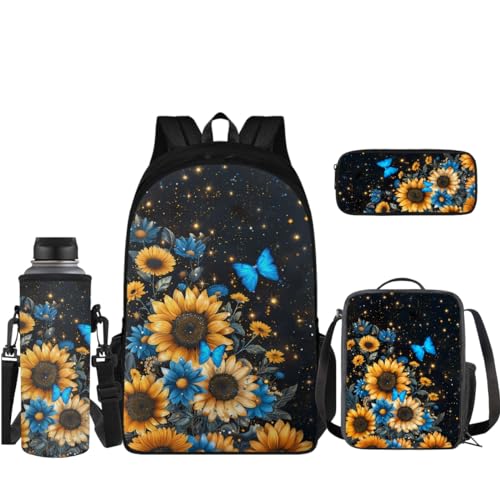 Coloranimal Rucksack Set Schultasche mit Mini Lunchbox Federmäppchen Wasserflasche Hülle 4 in 1 Rucksack Set, Sonnenblumen-Schmetterling, Schulranzen-Set von Coloranimal