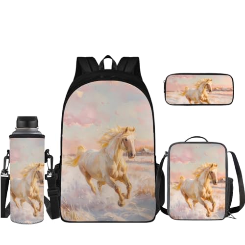 Coloranimal Rucksack Set Schultasche mit Mini Lunchbox Federmäppchen Wasserflasche Hülle 4 in 1 Rucksack Set, Weißes Pferd, Schulranzen-Set von Coloranimal