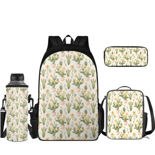 Coloranimal Rucksack Set Schultasche mit Mini Lunchbox Federmäppchen Wasserflasche Sleeve 4 in 1 Rucksack Set, cactus, Schulranzen-Set von Coloranimal