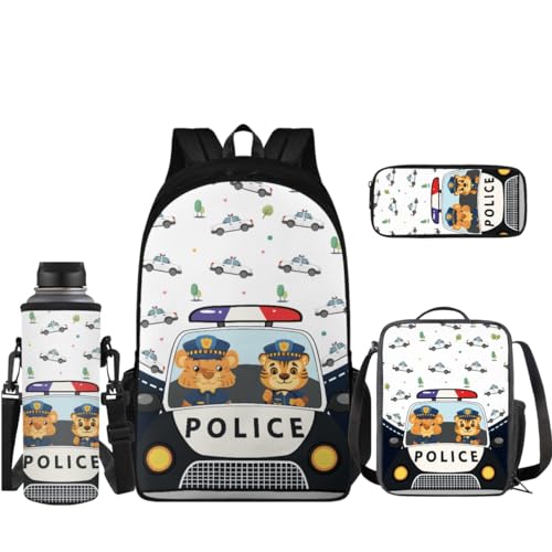Coloranimal Rucksack-Set beinhaltet: 1 Schultasche, 1 Lunchtasche, 1 Stifthalter, 1 Wasserflaschenhülle, Polizeiauto, Schulranzen-Set von Coloranimal