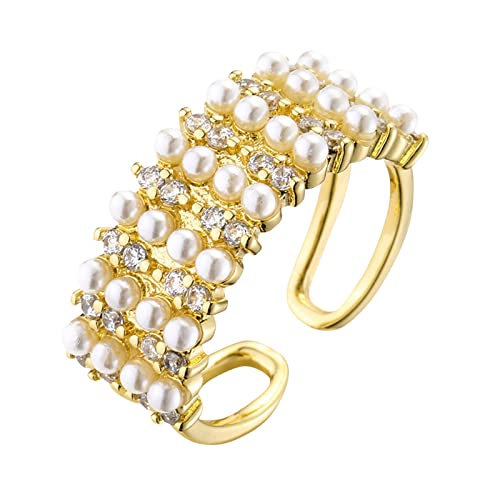 Colorful Perlen Strass Ring, Verkupferter 18K Gold-4-reihiger Hirseperlen Luxus Öffnungs einstellbar Damenring Frauen (Gold, One Size) von Colorful Home Tool