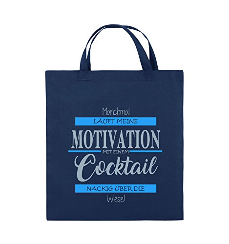 Comedy Bags - Manchmal läuft Meine Motivation mit einem Cocktail nackig über die Wiese - Jutebeutel - Kurze Henkel - 38x42cm - Farbe: Navy/Eisblau-Hellblau von Comedy Bags