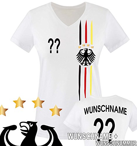 Comedy Shirts - WM 2018 | M1 | VORNE + HINTEN | Wunsch - Damen V-Neck T-Shirt - Weiss/Schwarz-Rot-Gelb Gr. M von Comedy Shirts
