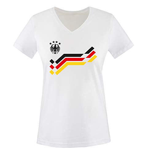 EM 2016 - Deutschland - Retro - Trikot - Damen V-Neck T-Shirt - Weiss/Schwarz Gr. L von Comedy Shirts