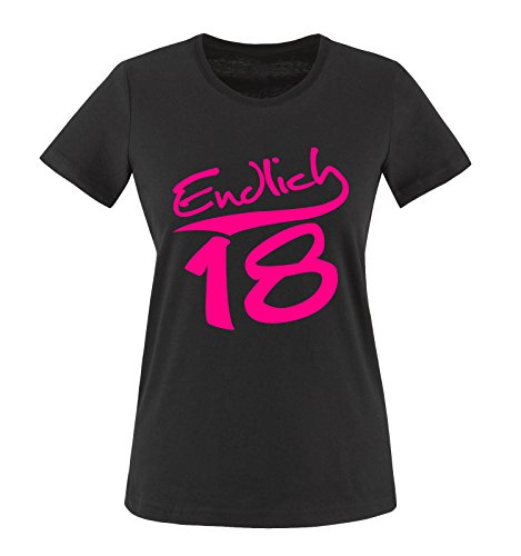 ENDLICH 18 Damen T-Shirt Schwarz/Neonpink Gr. L von Comedy Shirts